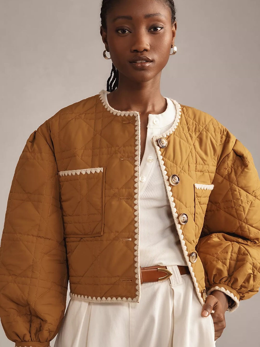 Astr Quilted Cropped Puffer Jacket in Caramel with Cream Trim